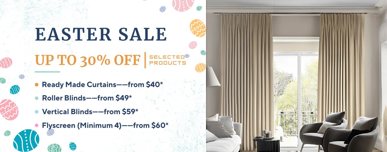Easter sale advertisement for curtains and blinds with a living room scene.