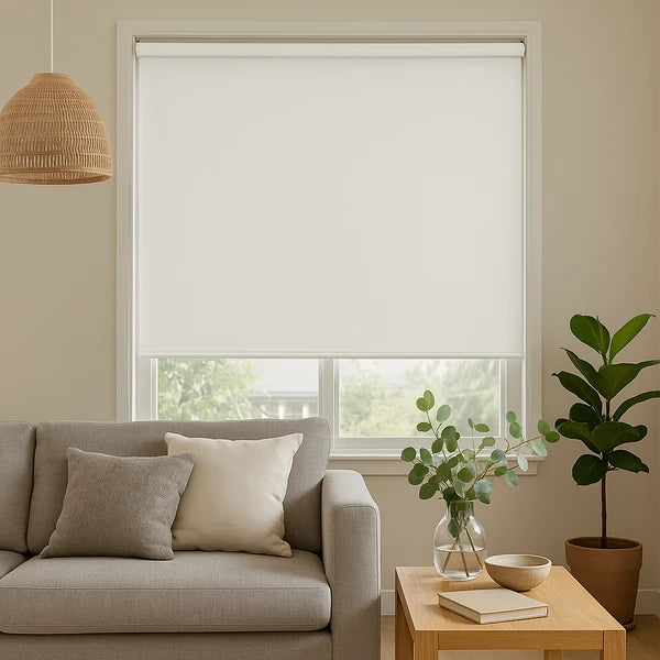 White roller blind on a minimalist Sydney living room window
