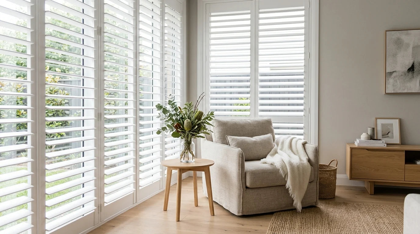 Cozy armchair beside a curtained Strathfield window with fresh flowers and soft natural light
