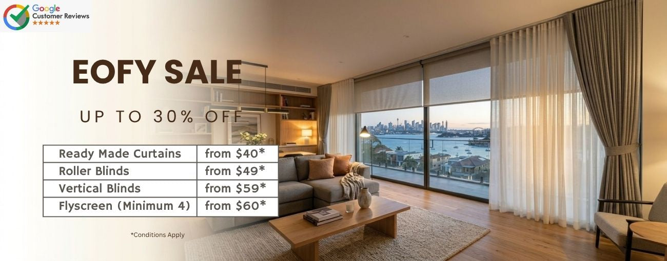 Living room with curtains and blinds on sale, featuring a cityscape view.